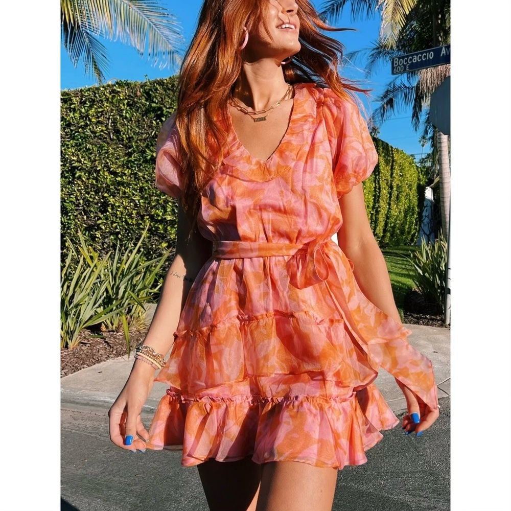 Show Me Your Mumu NWT Jennie Ann Mini Dress in Flirty Floral Pink Orange Small